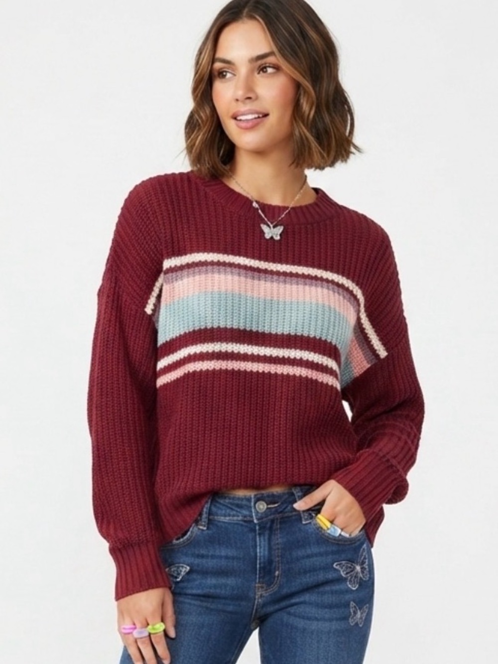 Y2K American Eagle Outfitters Maroon Knit Sweater with Pastel Stripes, Size S
